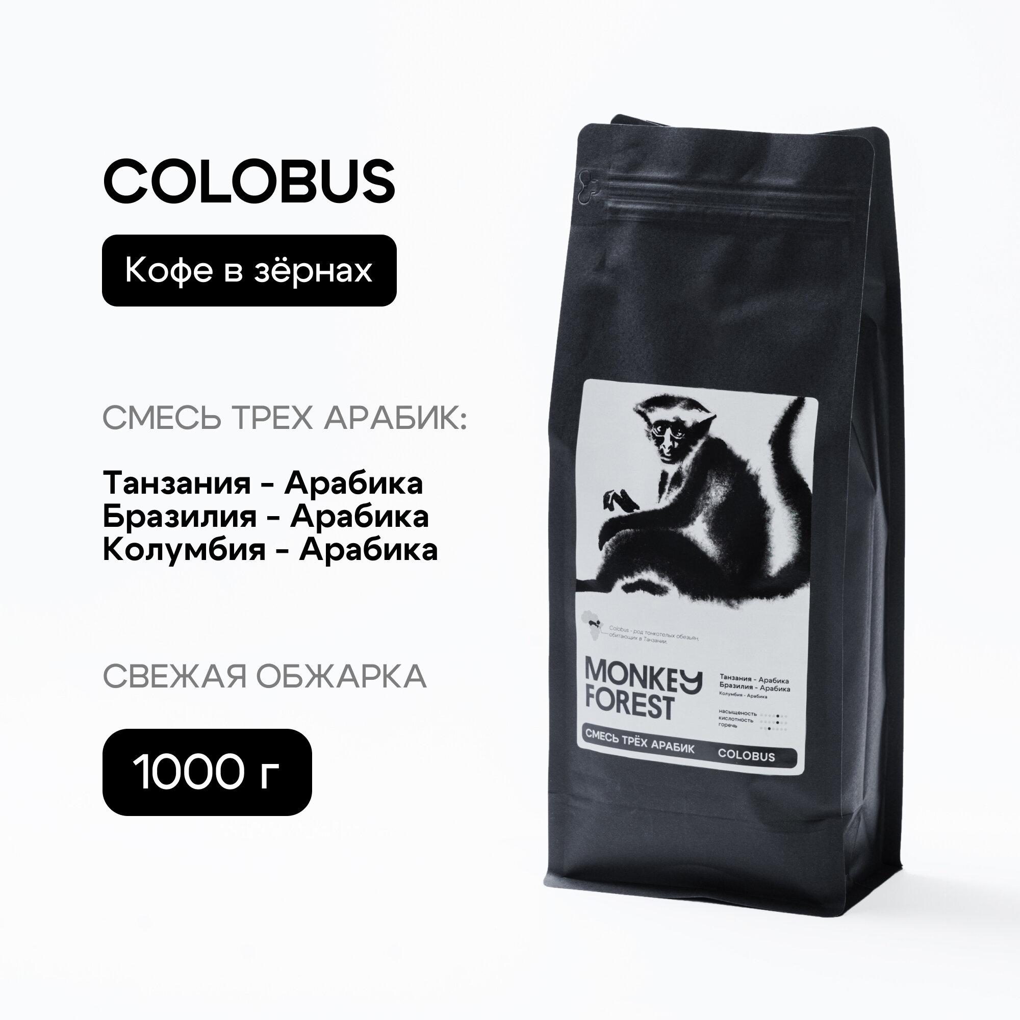 Кофе в зернах смесь трех арабик свежей обжарки Monkey Forest Colobus 1 кг. Спешелти кофе