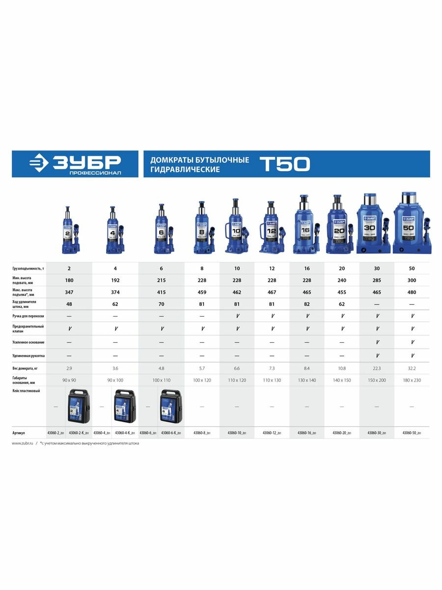 Домкрат бутылочный гидравлический ЗУБР T50 43060-6-K_z01 (6 т)