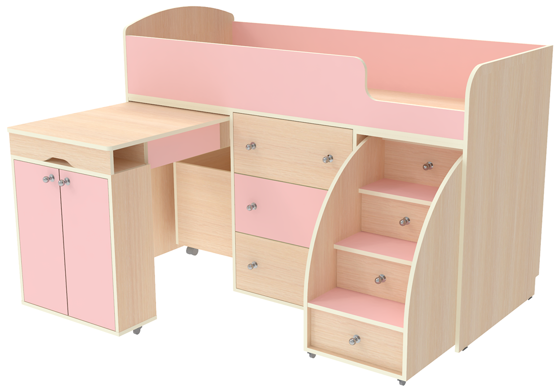 фото Кровать чердак Малыш Дуб Молочный - Розовый