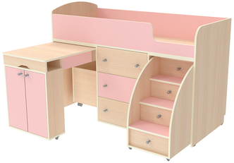 Кровать чердак Малыш Дуб Молочный - Розовый