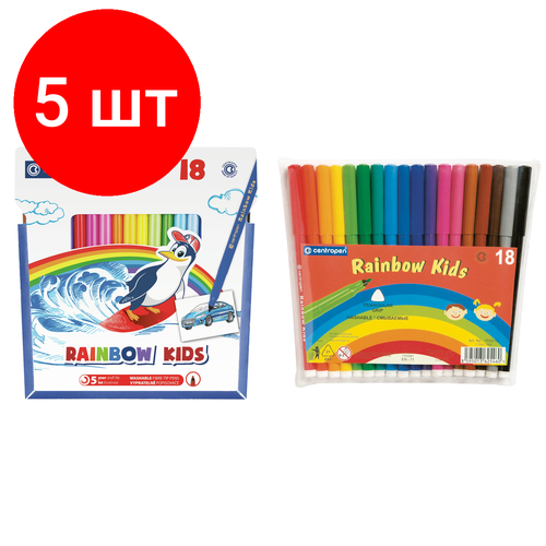 Комплект 5 шт, Фломастеры Centropen Rainbow Kids, 18цв, трехгранные, смываемые, ПВХ