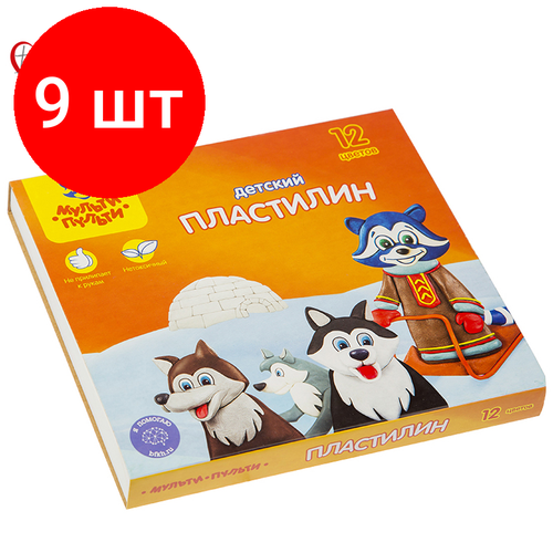 Комплект 9 шт, Пластилин Мульти-Пульти Енот на Аляске, 12 цветов, 180г, со стеком, картон