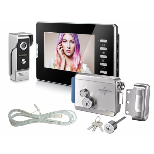 Комплект видеодомофон цветной и замок: EP-(7300-B) и AX091 (I32867KO) и вызывная панель (домофон замок для калитки)