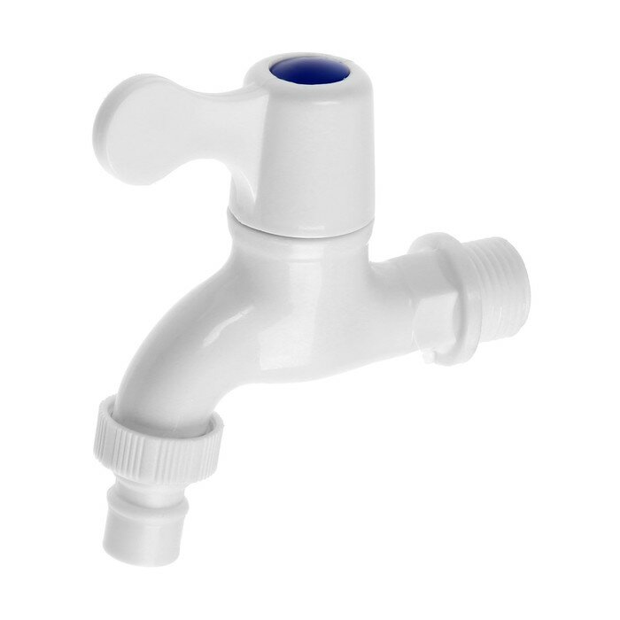 фото Кран водоразборный FRESSO 554-141, 1/2", со штуцером, ручка-флаг, пластик, белый 10221805