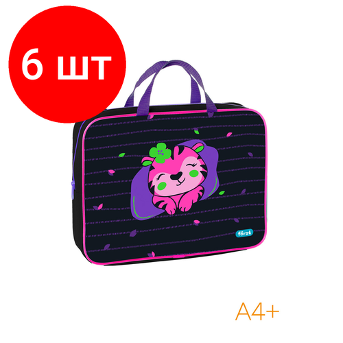 Комплект 6 шт, Папка текстильная с ручками 1 отделение, А4 Först Pink tiger, 350*265*80мм, текстиль, на молнии папка текстильная с ручками 1 отделение а4 forst pink tiger 350 265 80мм текстиль на молнии