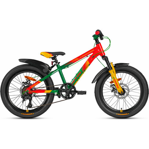 Велосипед детский SITIS CROSSER MD 20 (2024) для детей от 6 до 8 лет алюминиевая рама, с крыльями, подножкой, 7 скоростей, дисковые механические тормоза, красный/зеленый/желтый цвет, для роста 120-135