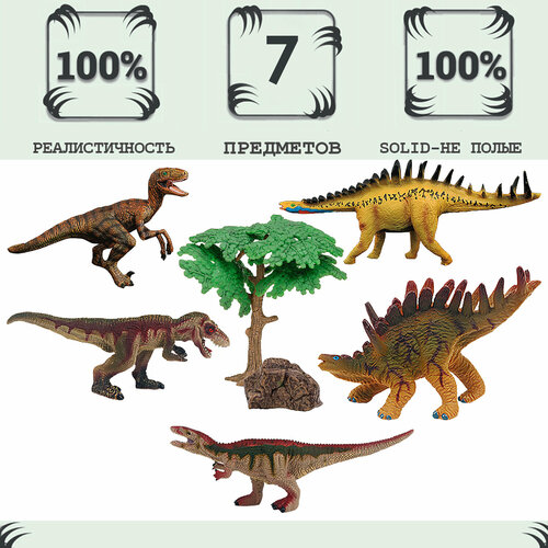 Динозавры и драконы для детей серии Мир динозавров: стегозавр, акрокантозавр, велоцираптор, кентрозавр, тираннозавр (набор фигурок из 7 предметов)