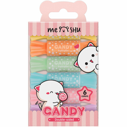 Набор текстовыделителей двусторонних MESHU Candy, 06цв, пастельные цвета, 2/4мм, ПВХ бокс с европодвесом