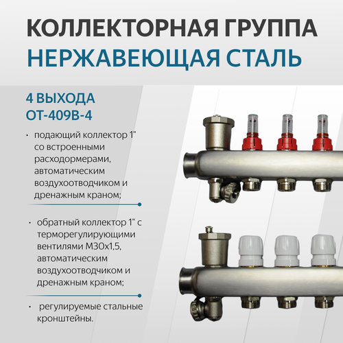 коллекторная группа tim 1 3 хода нержавеющий корпус с расходомерами квадрат kas5003 шк Коллекторная группа 4 контура OT-409B-4