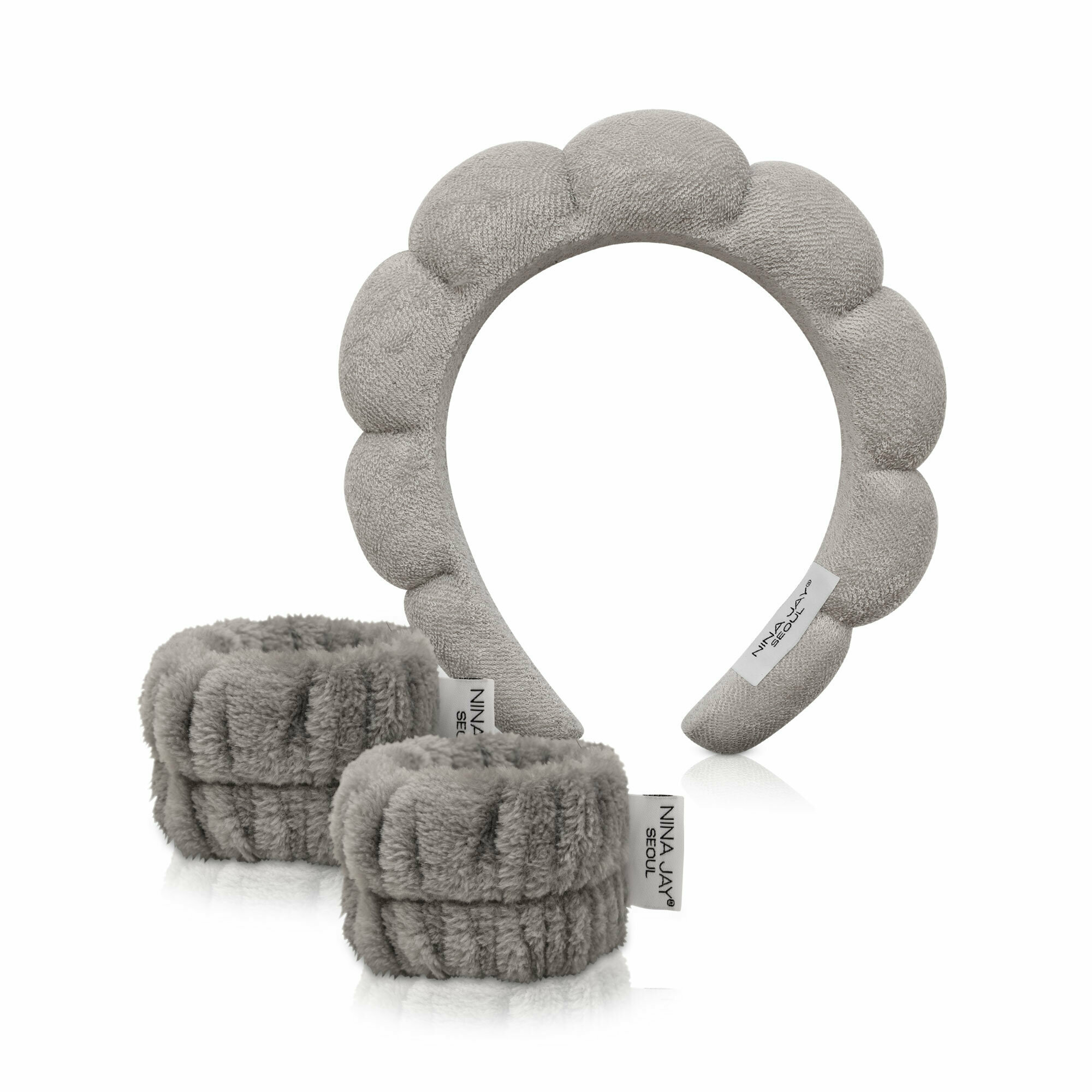 Набор для умывания: ободок + напульсники серого цвета NINA JAY