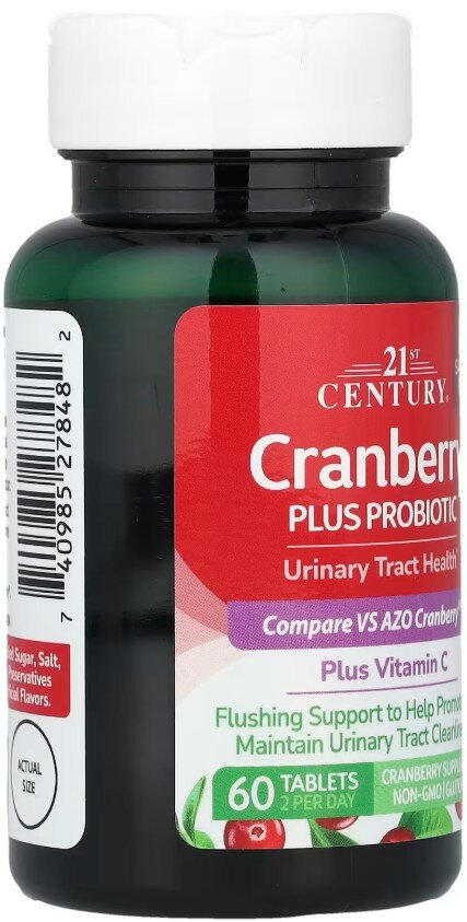 Изображение 21st Century, Cranberry Plus Probiotic, комплекс клюквы и пробиотиков для укрепления иммунной системы, 60 таблеток