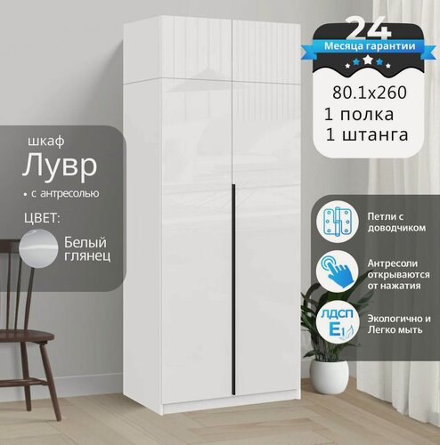 Изображение товара Шкаф распашной для одежды Лувр белый/белый глянец, 2-х дверный, с доводчиками, со штангой и антресолью 80.1х50.6х260 см