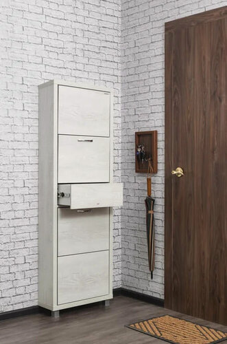 Изображение товара Обувница Ironnori Люкс Плюс, фасад ЛДСП, 4 секции плюс ящик для мелочей, цвет белый бетон пайн