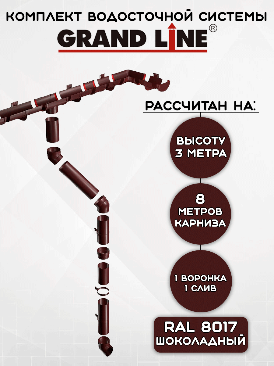 Комплект водосточной системы Grand Line шоколад 8 метров (120мм/90мм) водосток для крыши пластиковый Гранд Лайн коричневый (RAL 8017)