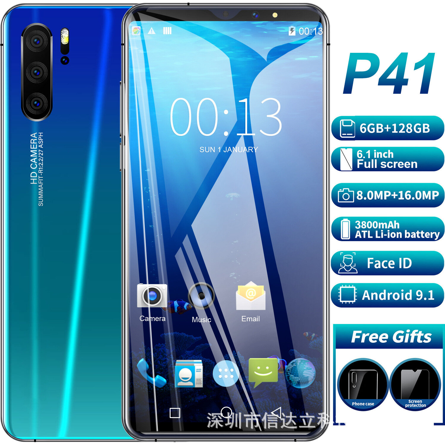 Смартфон P41 Pro, Android 6.1, большой экран, 1+8 ГБ, сине-зеленый