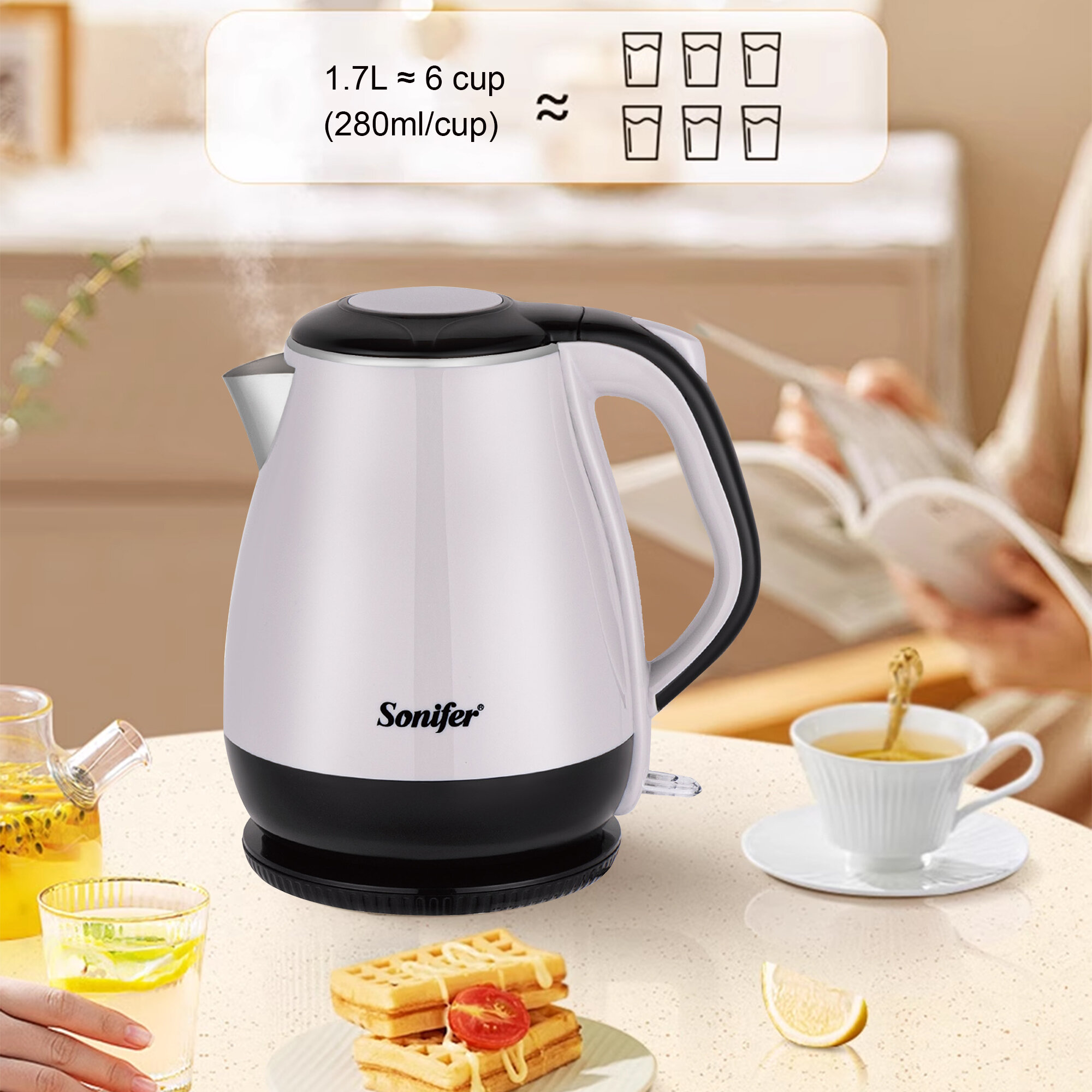 Чайник электрический Sonifer SF-2114, металлический корпус, 1500Вт, 1.7л, белый — фото 1
