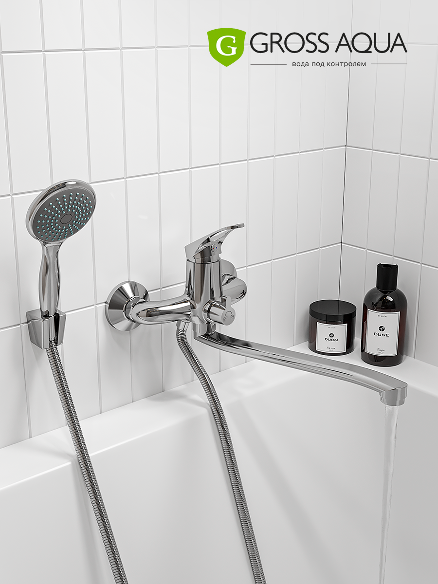 Смеситель для ванны и душа с длинным поворотным изливом GROSS AQUA Base, латунь, хром, 7211258C-35S — фото 1