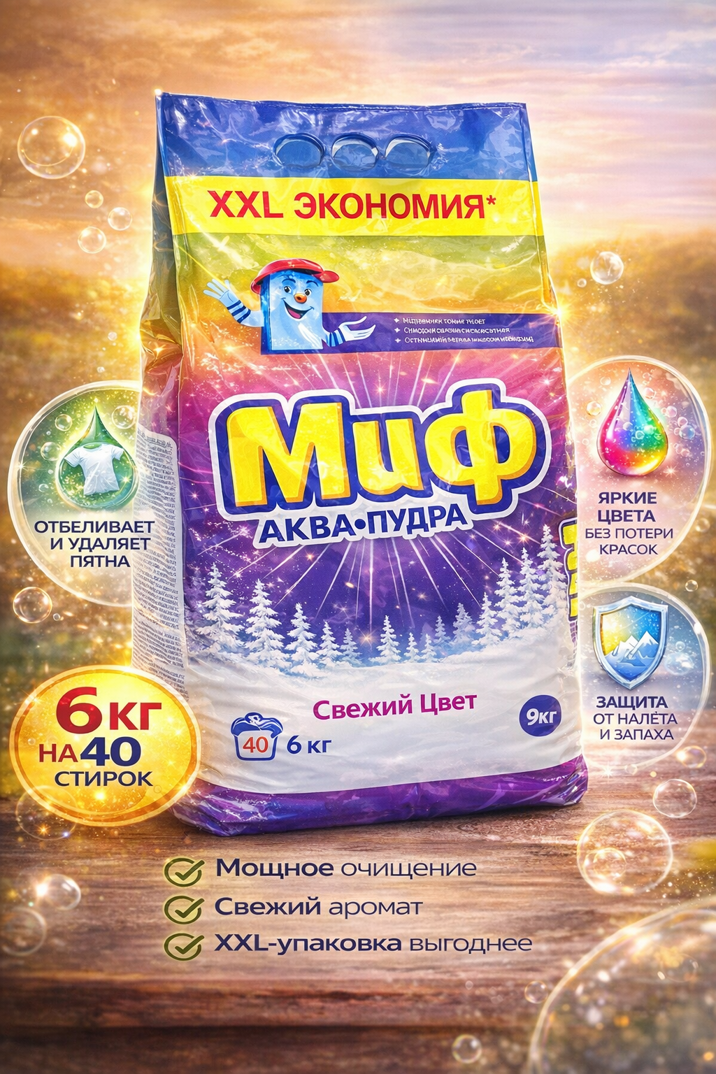 Миф Стиральный порошок 2 в 1 Автомат, для белого и цветного белья, 6 кг