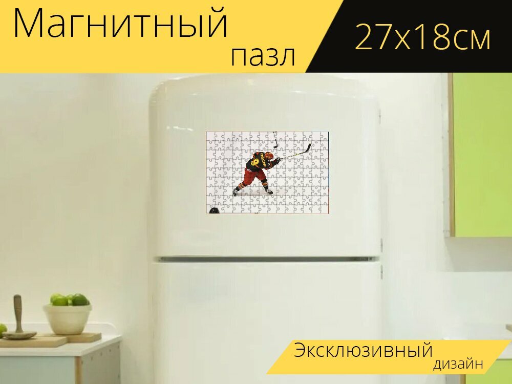 Магнитный пазл "Хоккей на льду, зимний вид спорта, лед" на холодильник 27 x 18 см.