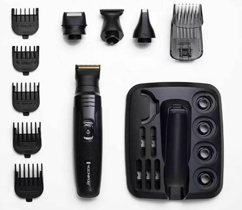 Машинка для стрижки волос Remington Groom Kit PG6130, 10 насадок, самозатачивающиеся лезвия, автономная работа 40 мин, зарядка 16 ч, подставка для хранения, черный