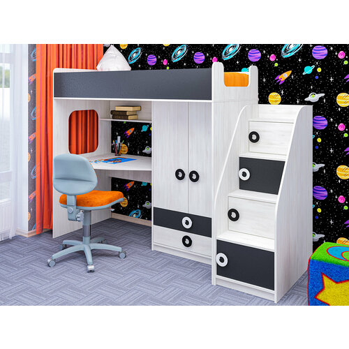 Кровать-чердак Адель, универсальная сборка (Светлое дерево/Антрацит), с лестницей