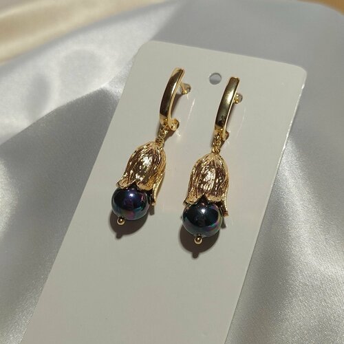 Серьги  жемчуг черный колокольчик позолота 18К, размер/диаметр 45 мм, золотой