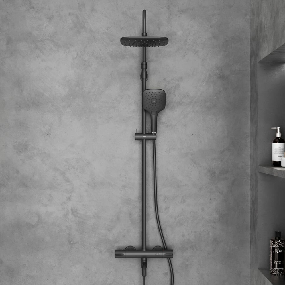 Душевая система с тропическим душем Damixa Aurora, черный, с термостатом, складной излив, душевой комплект