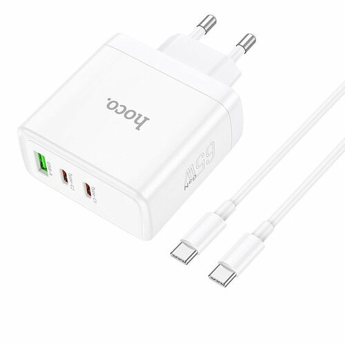 Блок питания сетевой 1 USB 2 Type-C HOCO N30 Glory 65Вт PD кабель Type-C-Type-C цвет белый 178100₽