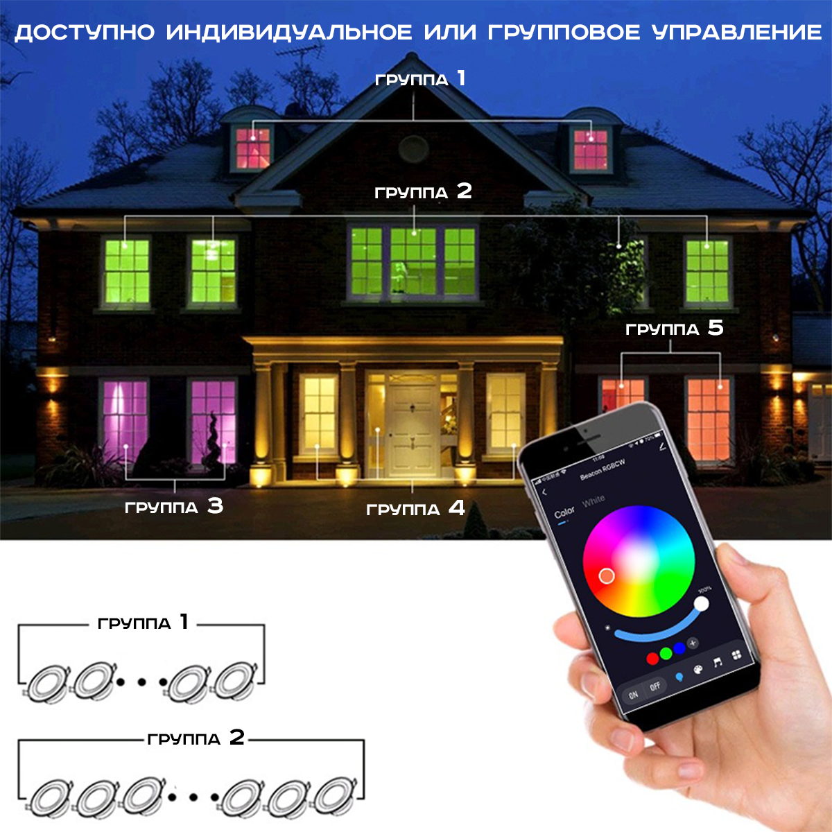 Встраиваемый точечный потолочный светильник с работой от приложения RGB 2 шт — фото 1