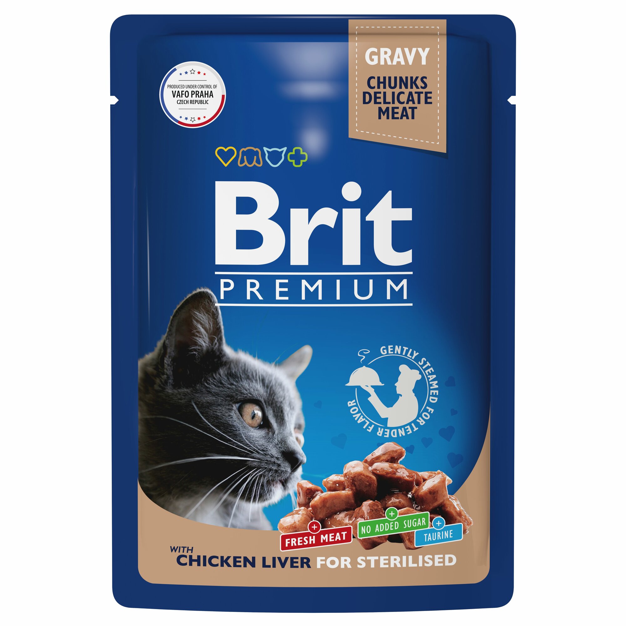BRIT PREMIUM, влажный корм для кошек. Пауч для взрослых стерилизованных кошек, Куриная печень в соусе, 85г