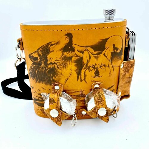 Фляга походная в кожаном чехле 1.5л+2стаканчика+нож вэлс 510 плоская рыжая