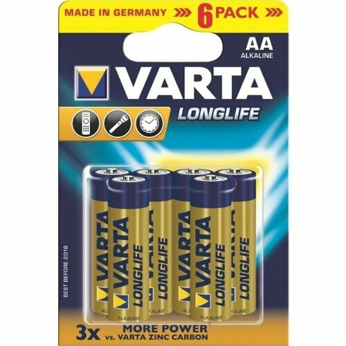 Батарейка AA щелочная Varta LR6-6BL Longlife в блистере 6шт. батарейка varta longlife lr6 aa 04106101412 bl2 alkaline 1 5v