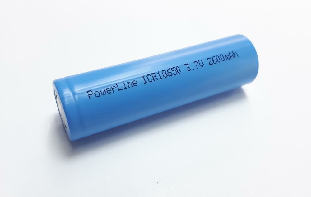 Аккумулятор Powerline 18650 ICR 3.7V Li-ion 2600mAh (без защиты, плоский плюс) , 1шт.