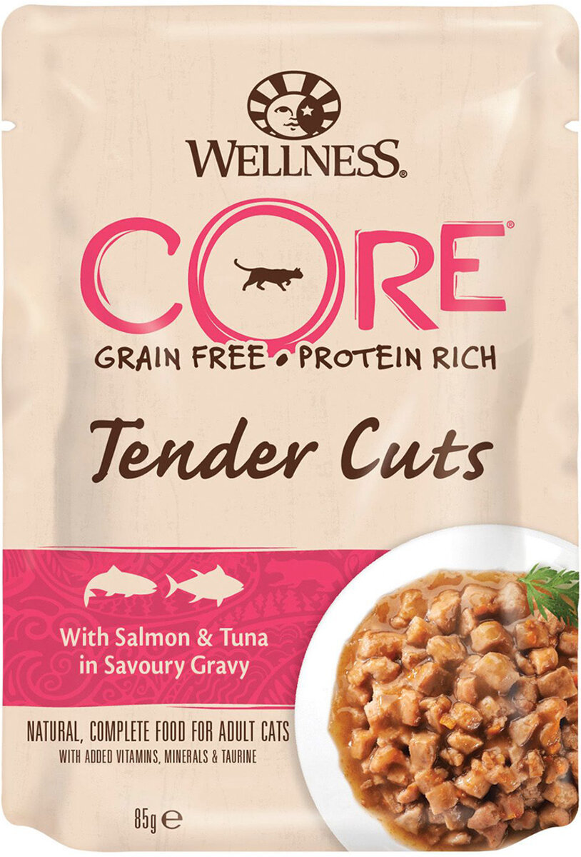 CORE CAT TENDER CUTS для взрослых кошек с нежными кусочками лосося и тунца в соусе (85 гр х 24 шт)