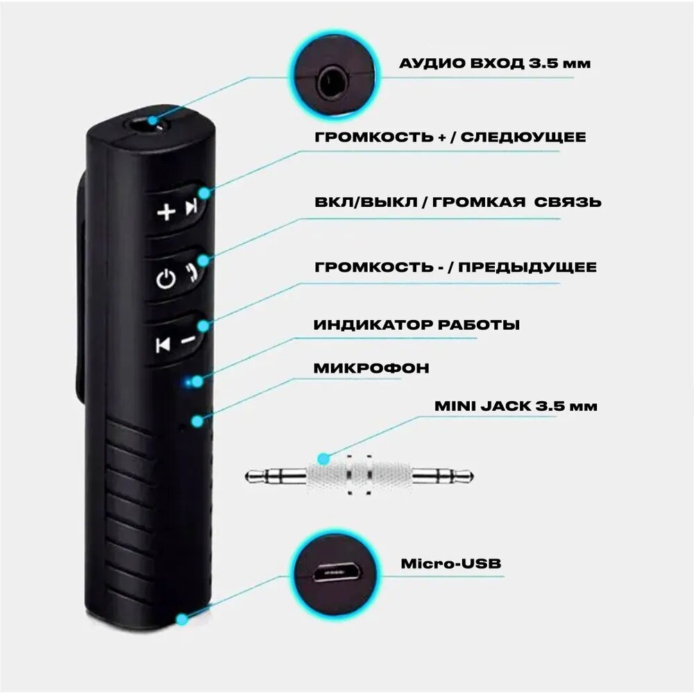 Bluetooth адаптер / блютуз ресивер JBH BT-03 для авто USB с разъемом AUX hands free, для колонок, наушников , черный