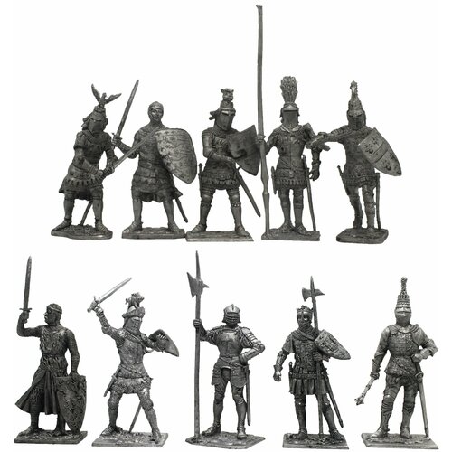 Английские средневековые рыцари и воины №10-1ЕК (10 н/к) набор оловянных солдатиков некрашеных в картонной коробке