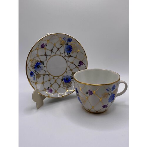 Кофейная пара Васильки золотая сетка Костяной фарфор Ленинградский фарфоровый завод ЛФЗ СССР Позолота 3590₽