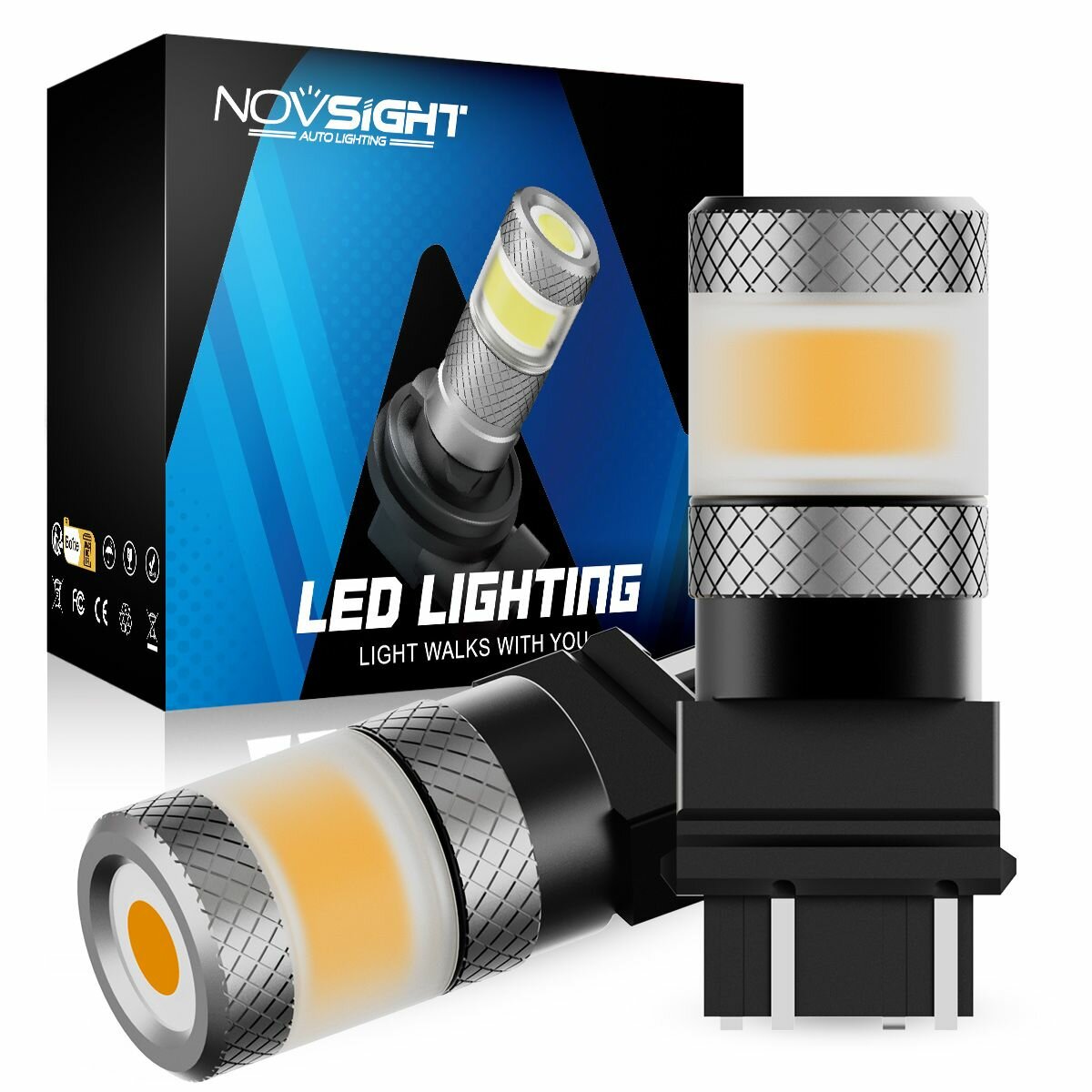Светодиодная лампа Novsight SL7 3157 P27/7W цоколь WX2,5x16q 2шт двухконтактная желтый свет LED автомобильная