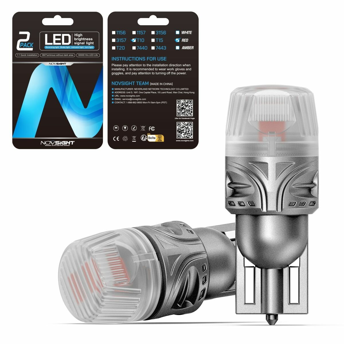 Светодиодная лампа Novsight SL9 T10 W5W цоколь W2.1x9.5d 2шт Красный свет LED автомобильная