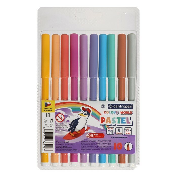 Фломастеры Centropen "Colour World, Pastel", 10 цветов, 2 мм, смываемые, блистер (775501087)
