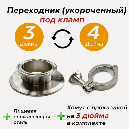 Изображение товара Переходник с клампа 3 на 4 дюйма (Укороченный) + (Хомут и прокладка на 3 дюйма)