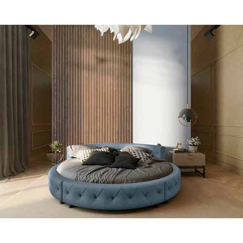 Двуспальная кровать 200, Maestro, круглая, с мягким изголовьем, велюр, серый