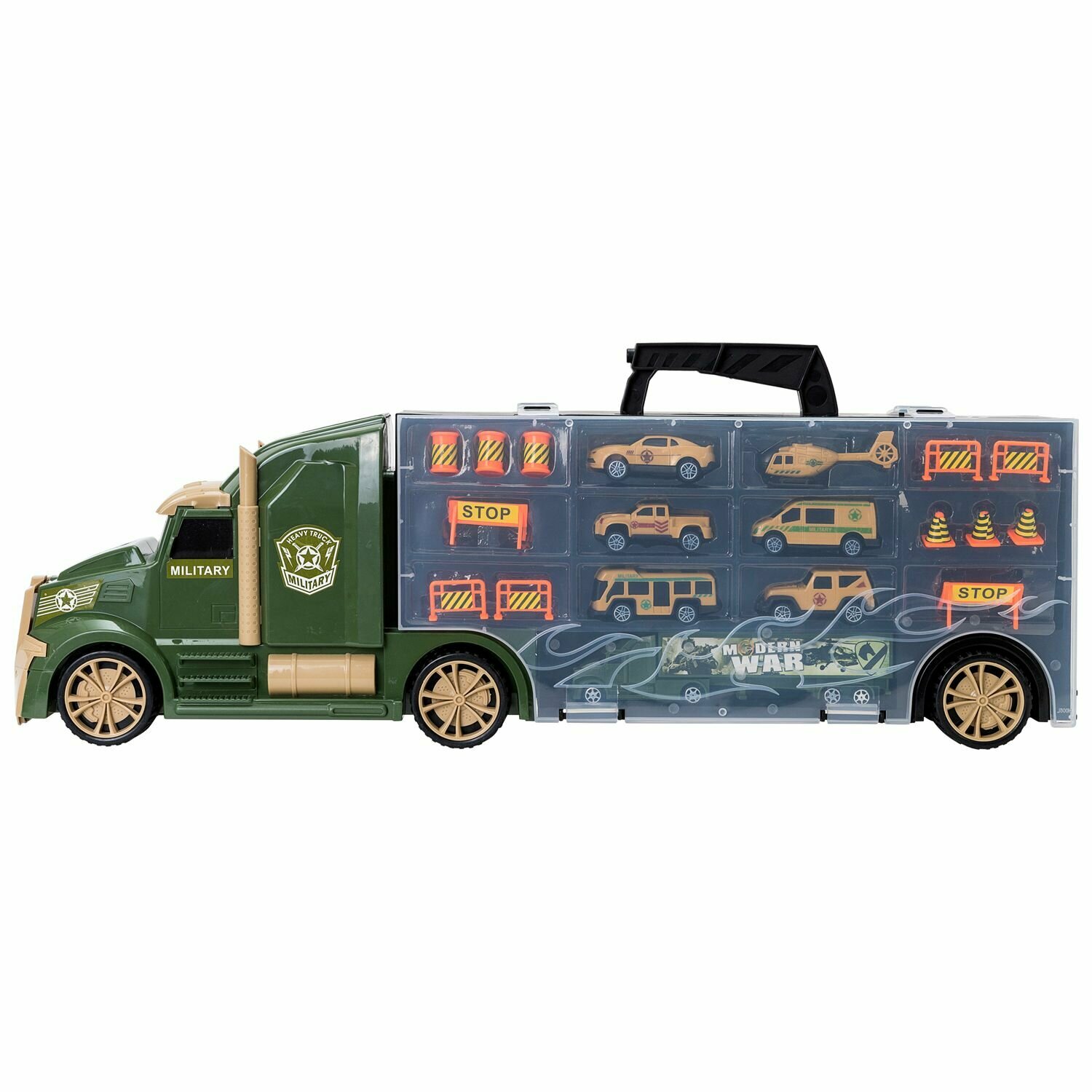 Givito "Милитари" (Автовоз - кейс 64 см, зеленый, с тоннелем. Набор из 4 машинок, 1 автобуса, 1 вертолета, 1 фуры и 12 дорожных знаков) - фото №9