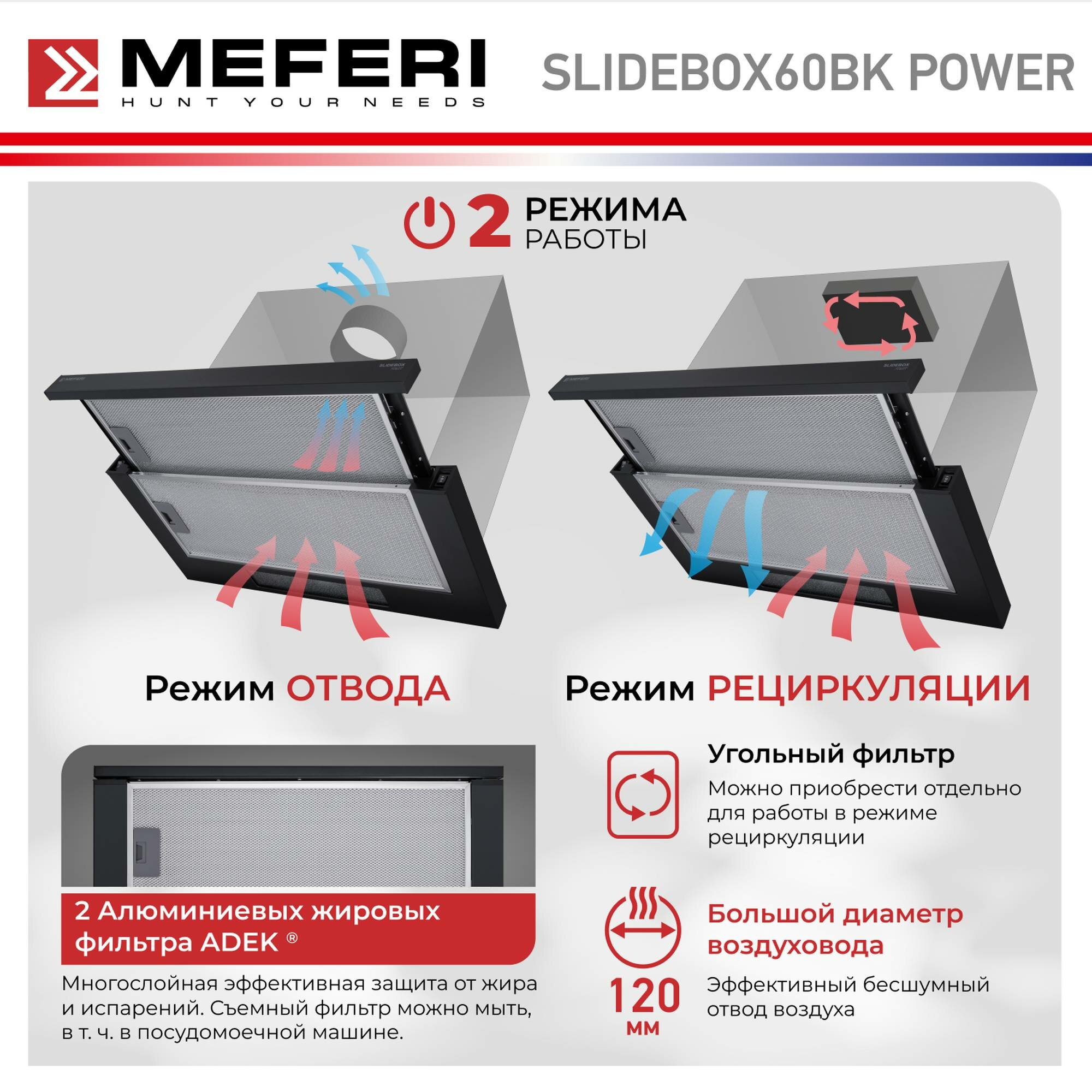 Телескопическая вытяжка MEFERI SLIDEBOX60BK POWER, черный - фотография № 3