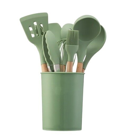 Набор силиконовых кухонных принадлежностей из 12 предметов с подставкой, зеленый