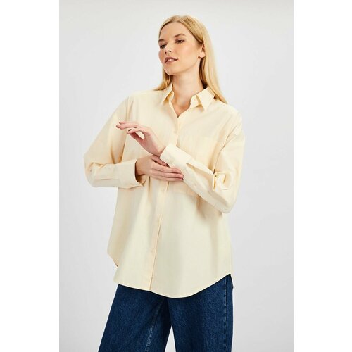 фото Блуза baon, повседневный стиль, прямой силуэт, длинный рукав, карманы, манжеты, однотонная, размер 46, бежевый