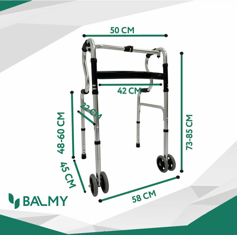 Ходунки для взрослых и пожилых людей с колесами, с двухуровневыми поручнями складные, алюминий сплав BALMY 102, двойные колёса