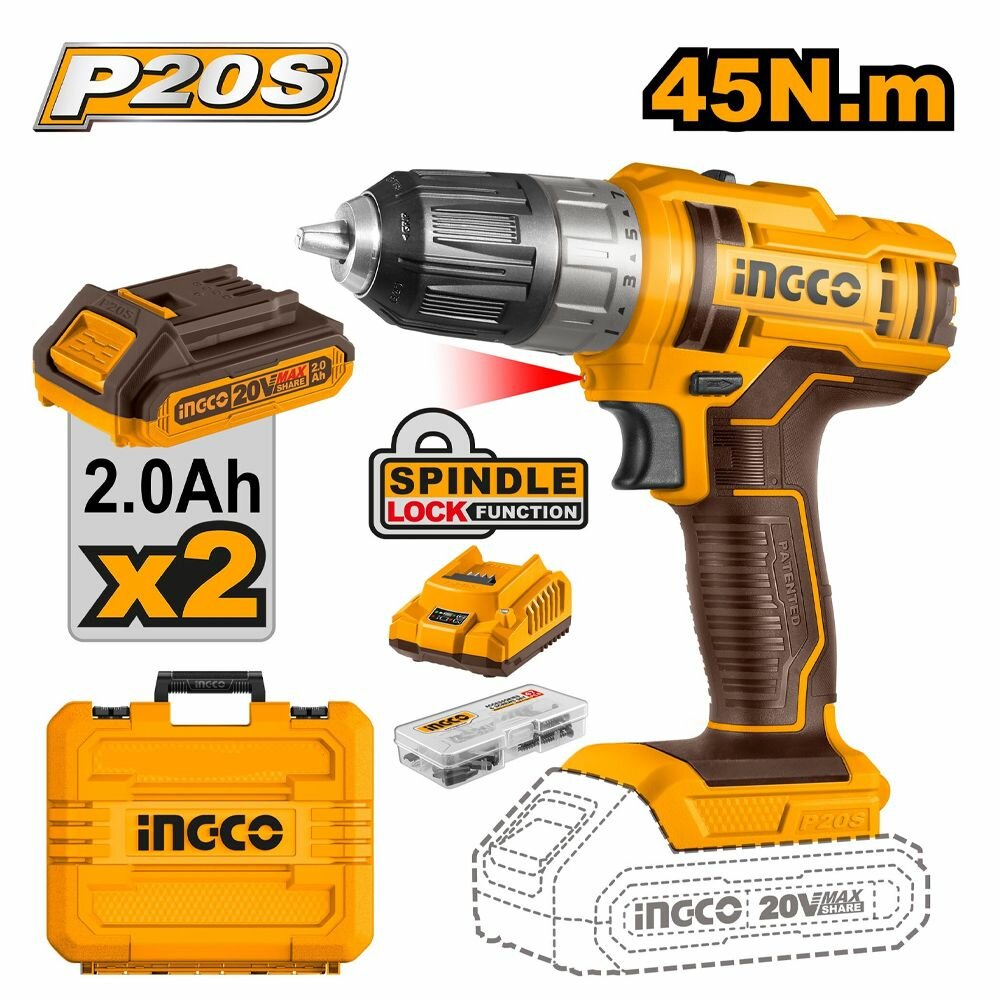 фото Дрель аккуммуляторная CDLI200528 Li 20В 2х2,0Ач 45Нм ЗУ кейс INGCO INDUSTRIAL