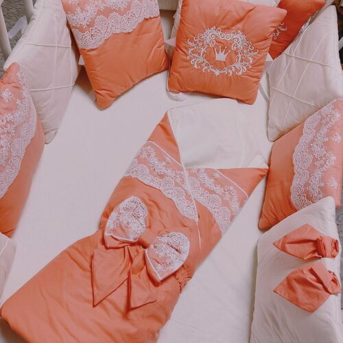 Изображение товара Бортики для кроватки "Прованс", для новорожденных, вышивка, коралловый цвет, комплект