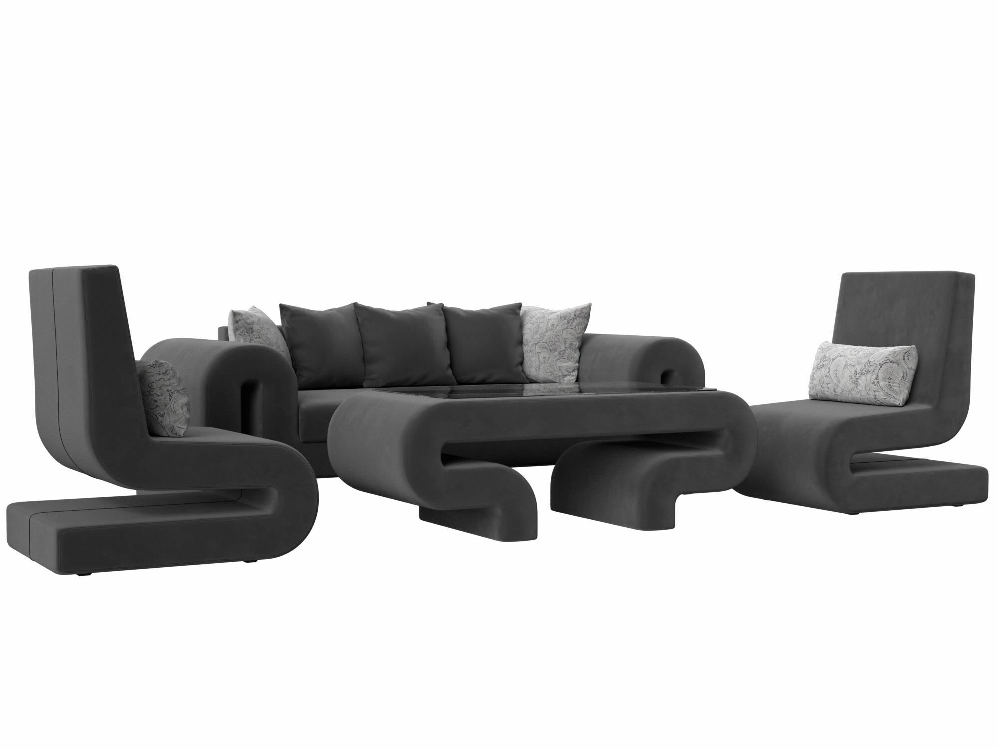 Набор Волна-2 (стол, диван, 2 кресла), Велюр серый